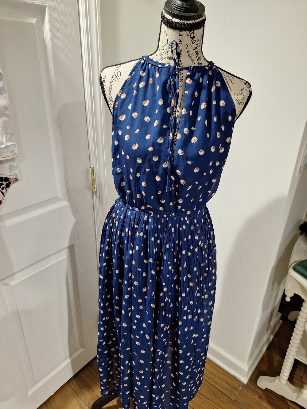 Navy Blue Halter Midi Dress with Daisy Print